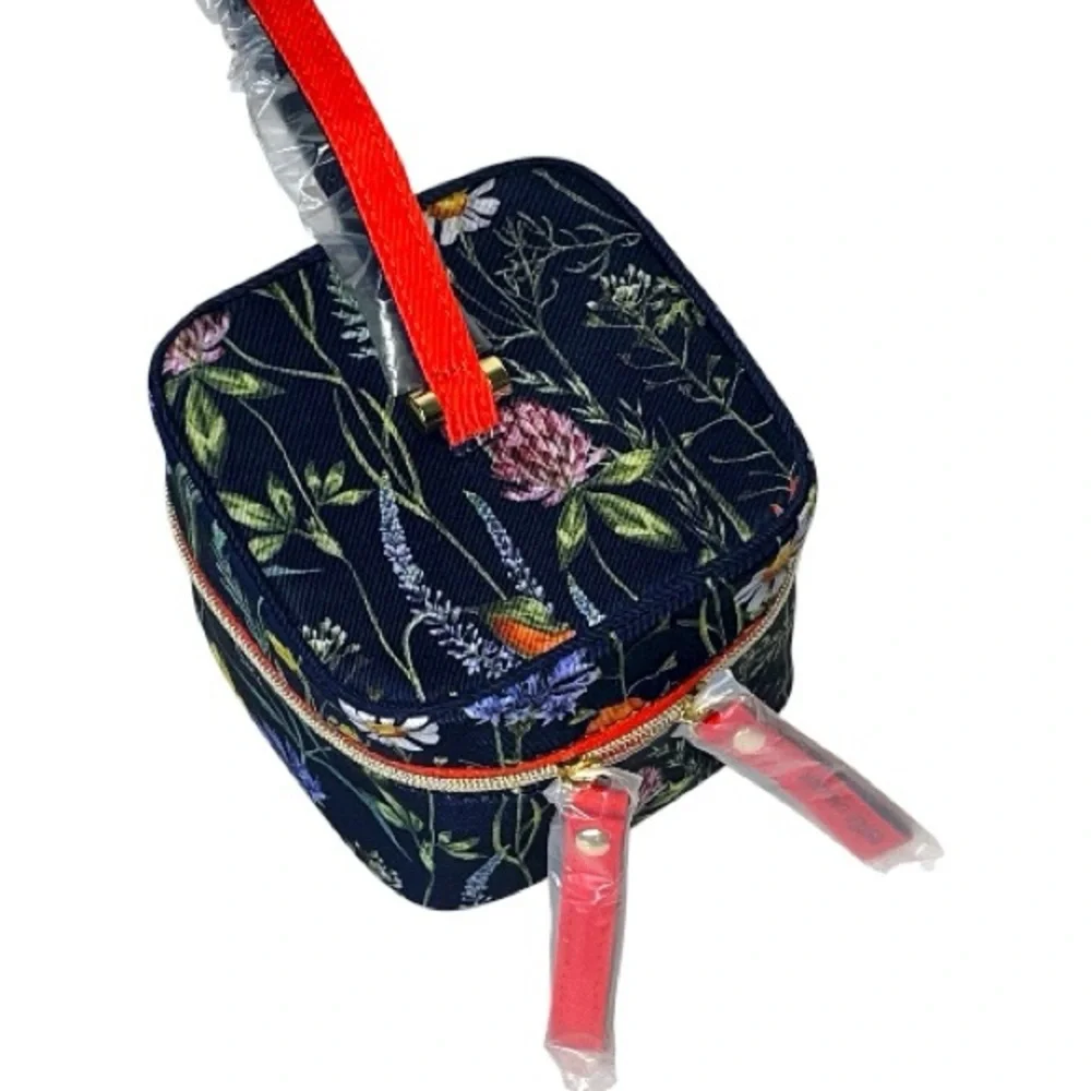 Estee Lauder Floral Print Double Zip Orange Top Handle Wristlet Mini Square Bag